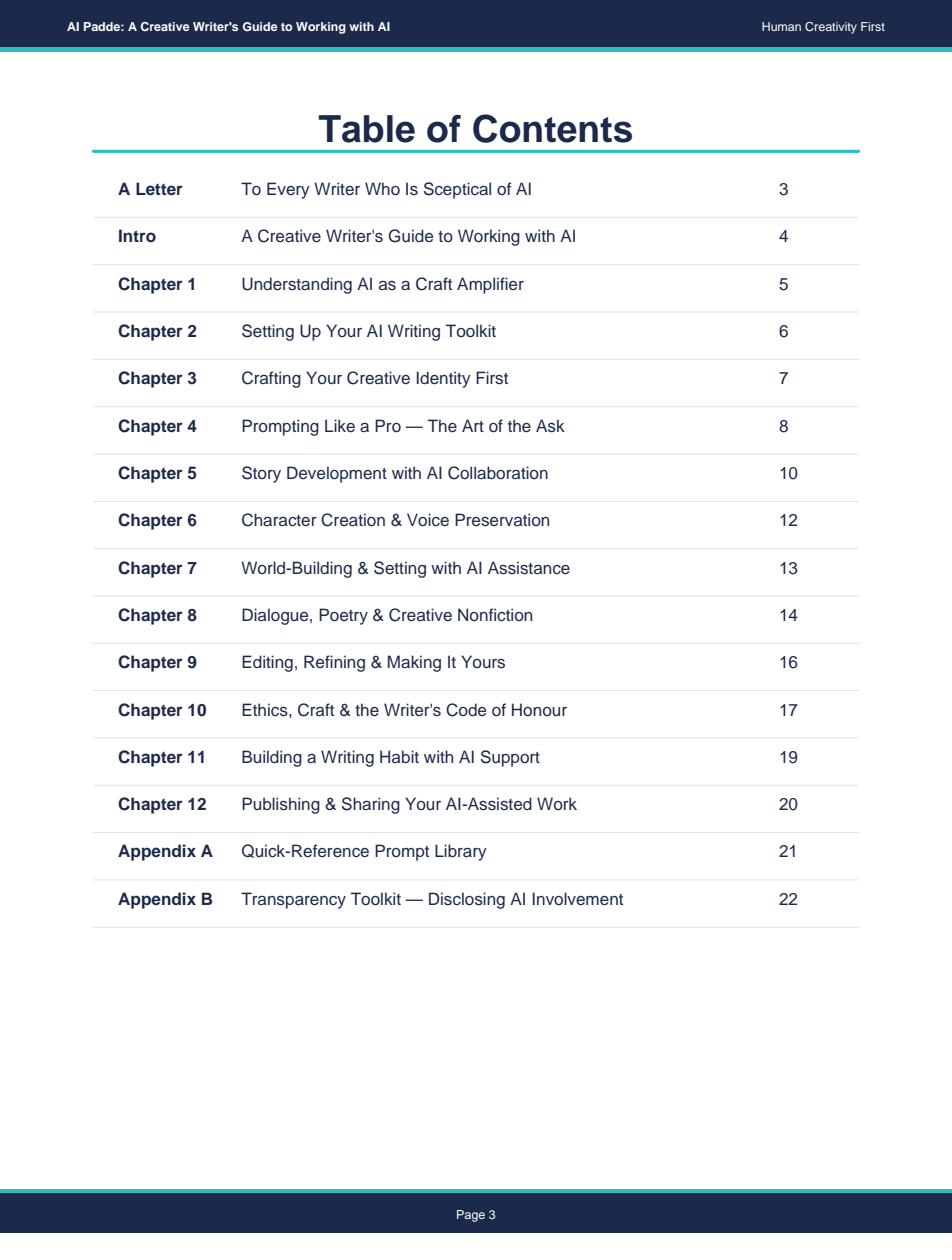A digital preview of AI Padde's Table of Contents page. Shows everything you can find inside the guide.